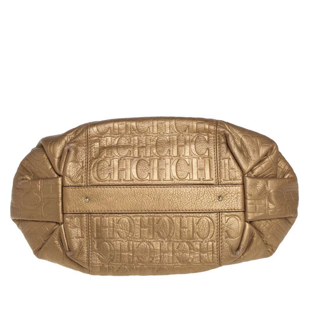 Carolina Herrera Golden Brown Monogram Embossed Leather Tassel Hobo Women