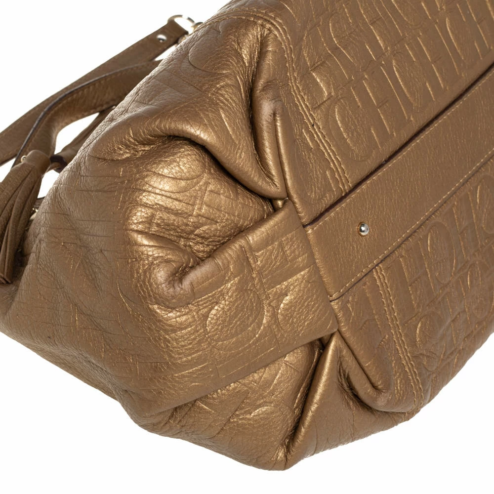 Carolina Herrera Golden Brown Monogram Embossed Leather Tassel Hobo Women