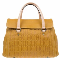 Carolina Herrera Tan Monogram Leather Satchel Bag Women