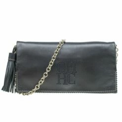 Carolina Herrera Metallic Dark Grey Leather Triana Chain Clutch Women