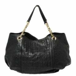Carolina Herrera Black Monogram Embossed Leather Dahlia Hobo Women