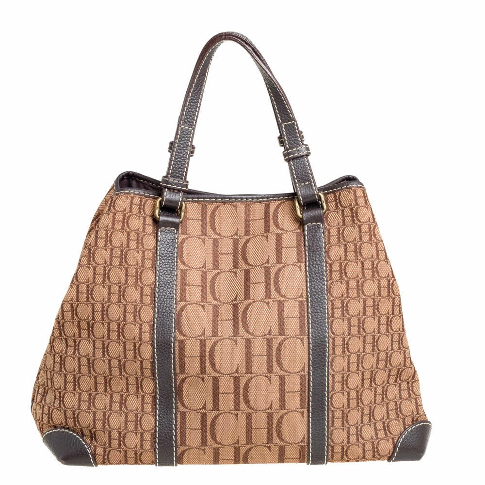 Carolina Herrera Brown Monogram Canvas and Leather Tote Women