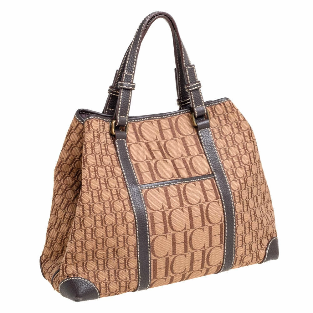 Carolina Herrera Brown Monogram Canvas and Leather Tote Women