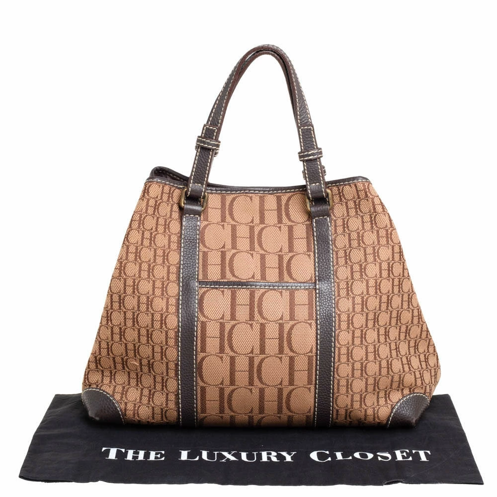 Carolina Herrera Brown Monogram Canvas and Leather Tote Women
