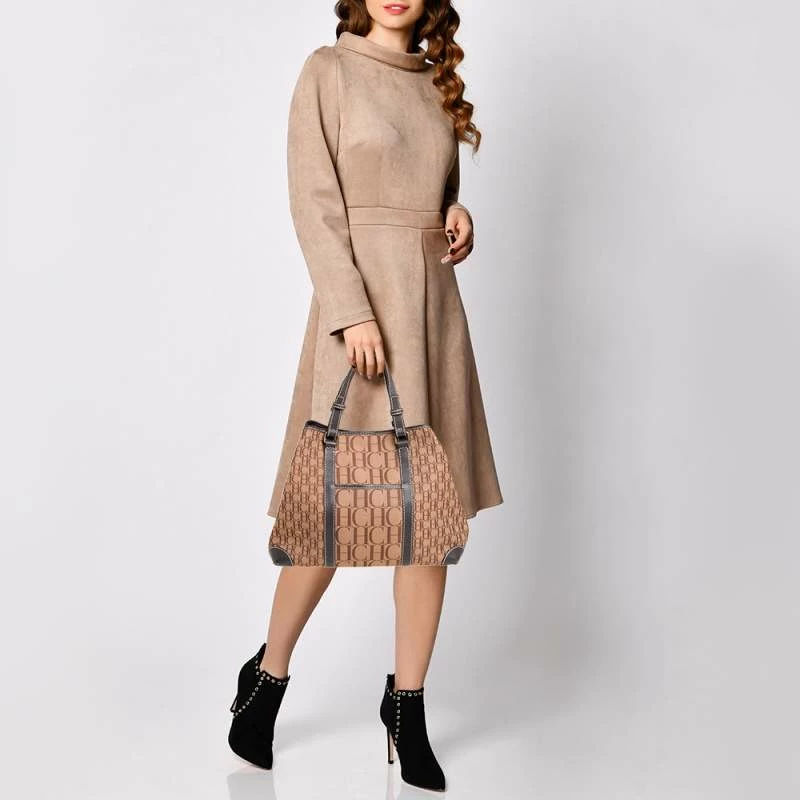Carolina Herrera Brown Monogram Canvas and Leather Tote Women