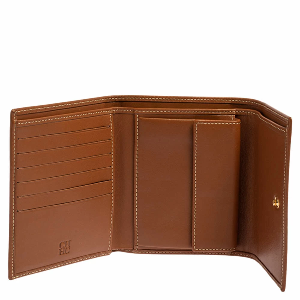 Carolina Herrera Caramel Brown Leather Trifold Compact Wallet Women