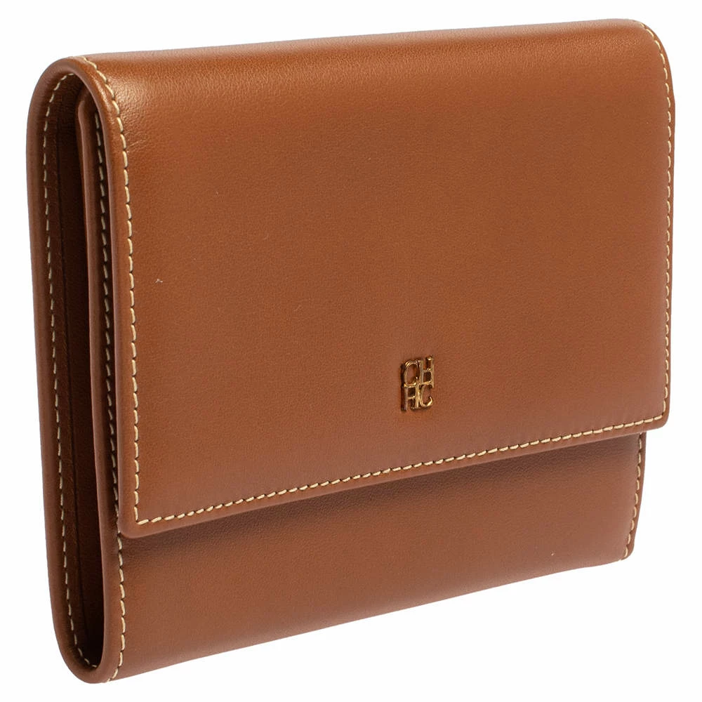 Carolina Herrera Caramel Brown Leather Trifold Compact Wallet Women