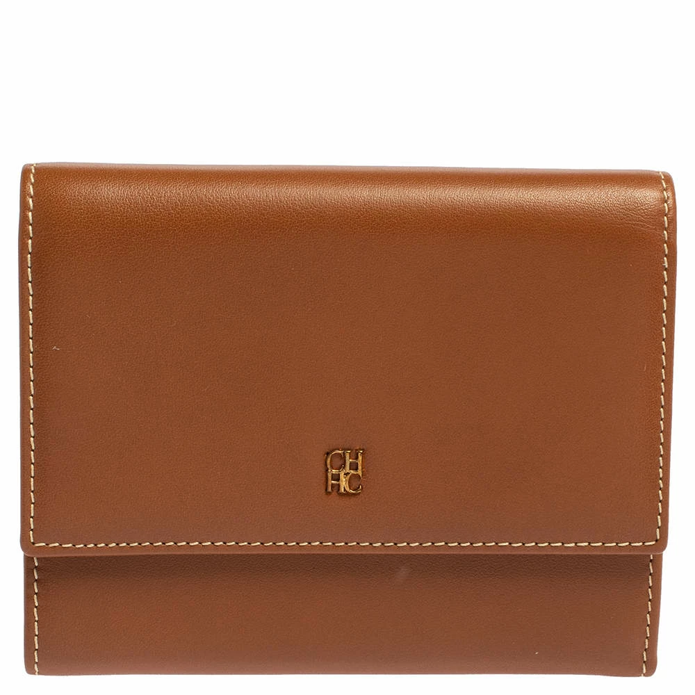 Carolina Herrera Caramel Brown Leather Trifold Compact Wallet Women