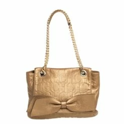 Carolina Herrera Gold Monogram Leather Audrey Shoulder Bag Women