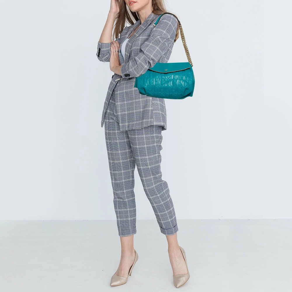 Carolina Herrera Turquoise Monogram Leather Flap Shoulder Bag Women - Blue