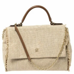 Carolina Herrera Beige Canvas Minuetto Flap Top Handle Bag Women