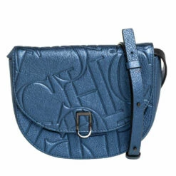 Carolina Herrera Metallic Blue Monogram Leather Crossbody Bag Women
