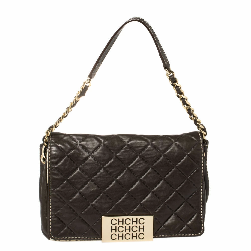 Carolina Herrera Brown/Beige Monogram Leather and Canvas Flap Shoulder Bag Women