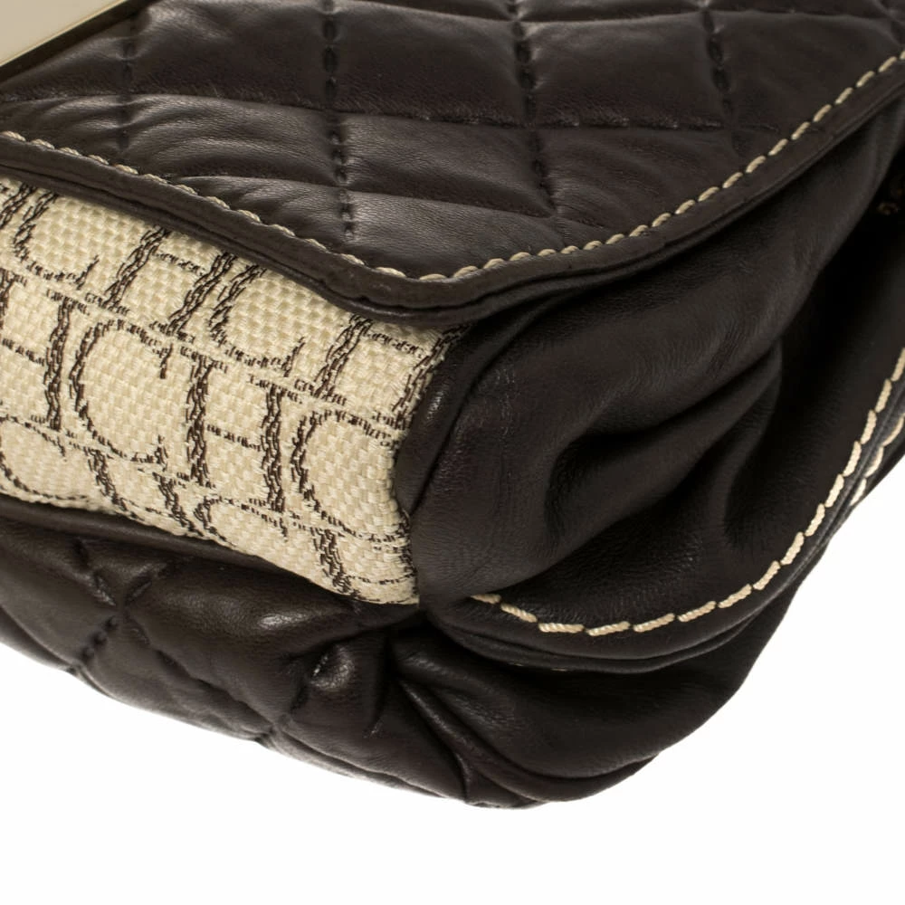 Carolina Herrera Brown/Beige Monogram Leather and Canvas Flap Shoulder Bag Women