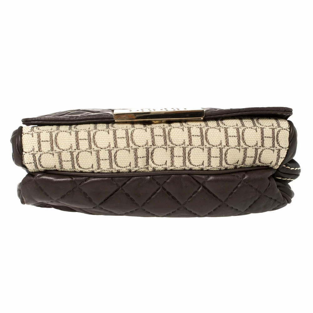 Carolina Herrera Brown/Beige Monogram Leather and Canvas Flap Shoulder Bag Women