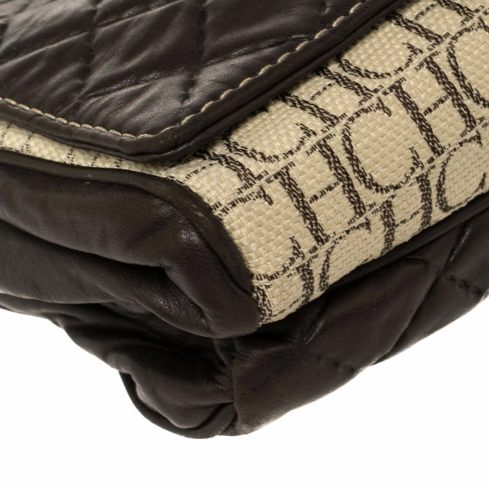 Carolina Herrera Brown/Beige Monogram Leather and Canvas Flap Shoulder Bag Women