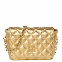 Carolina Herrera Gold Quilted Leather Flap Chain Crossbody Bag Women