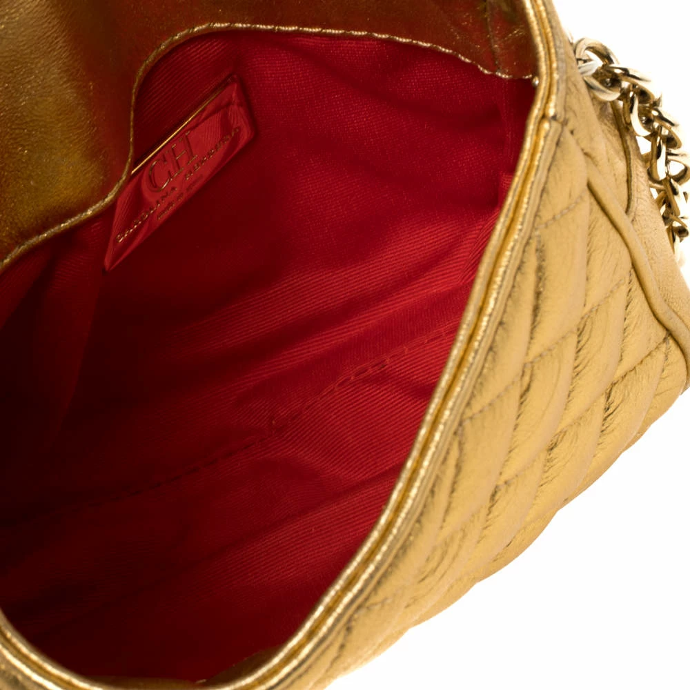 Carolina Herrera Gold Quilted Leather Flap Chain Crossbody Bag Women