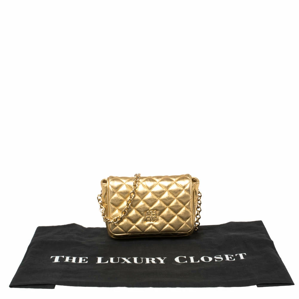Carolina Herrera Gold Quilted Leather Flap Chain Crossbody Bag Women