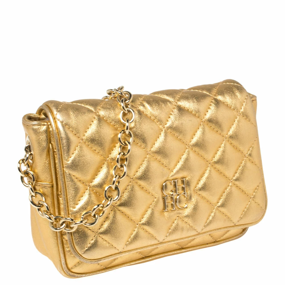 Carolina Herrera Gold Quilted Leather Flap Chain Crossbody Bag Women