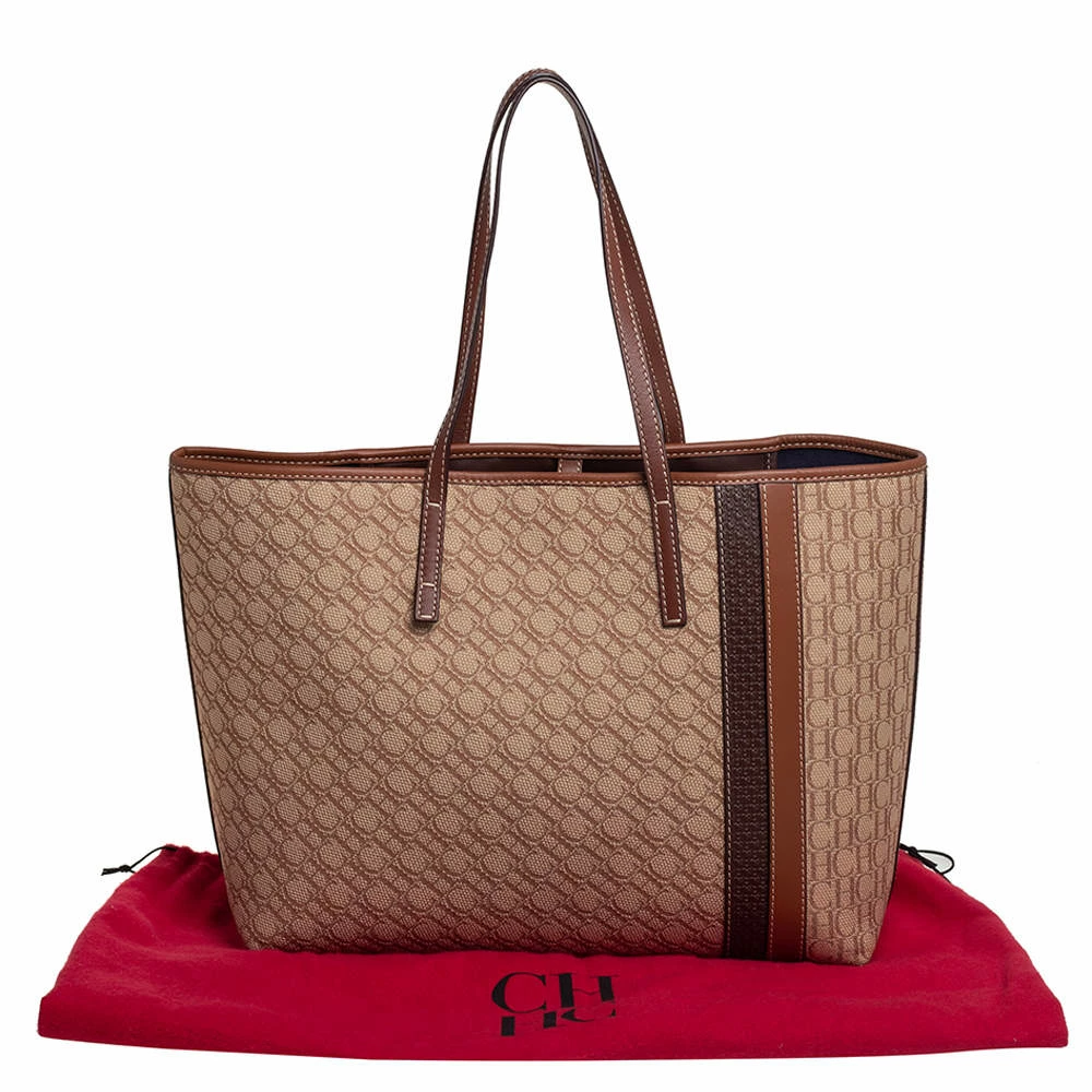 Carolina Herrera Beige/Brown Monogram Canvas and Leather Shopper Tote Women