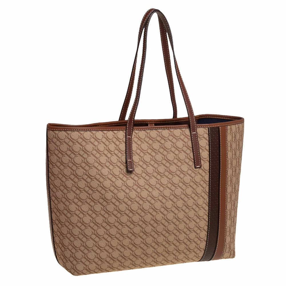 Carolina Herrera Beige/Brown Monogram Canvas and Leather Shopper Tote Women
