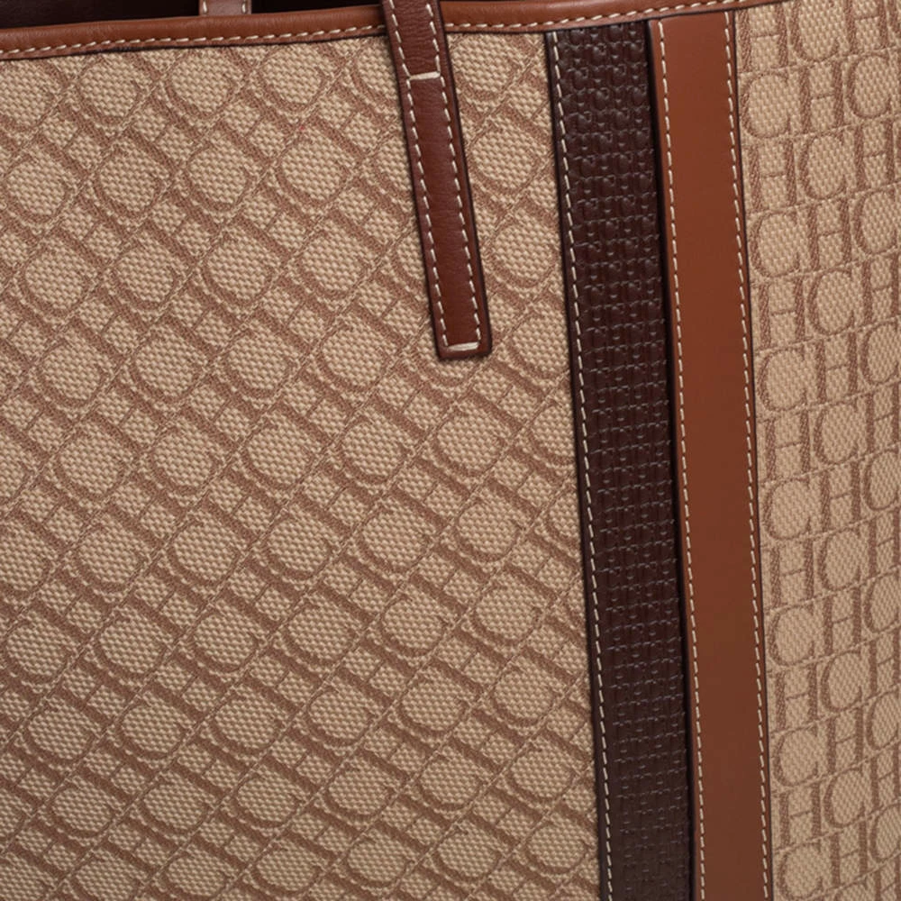 Carolina Herrera Beige/Brown Monogram Canvas and Leather Shopper Tote Women