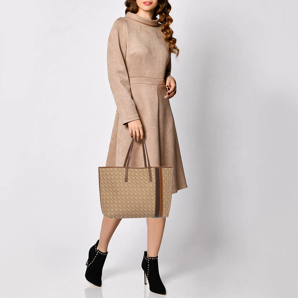 Carolina Herrera Beige/Brown Monogram Canvas and Leather Shopper Tote Women