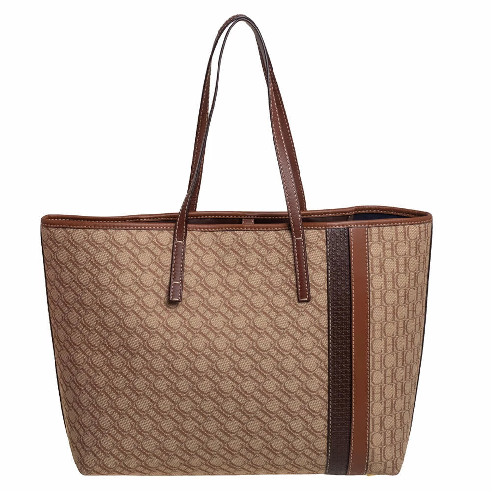 Carolina Herrera Beige/Brown Monogram Canvas and Leather Shopper Tote Women