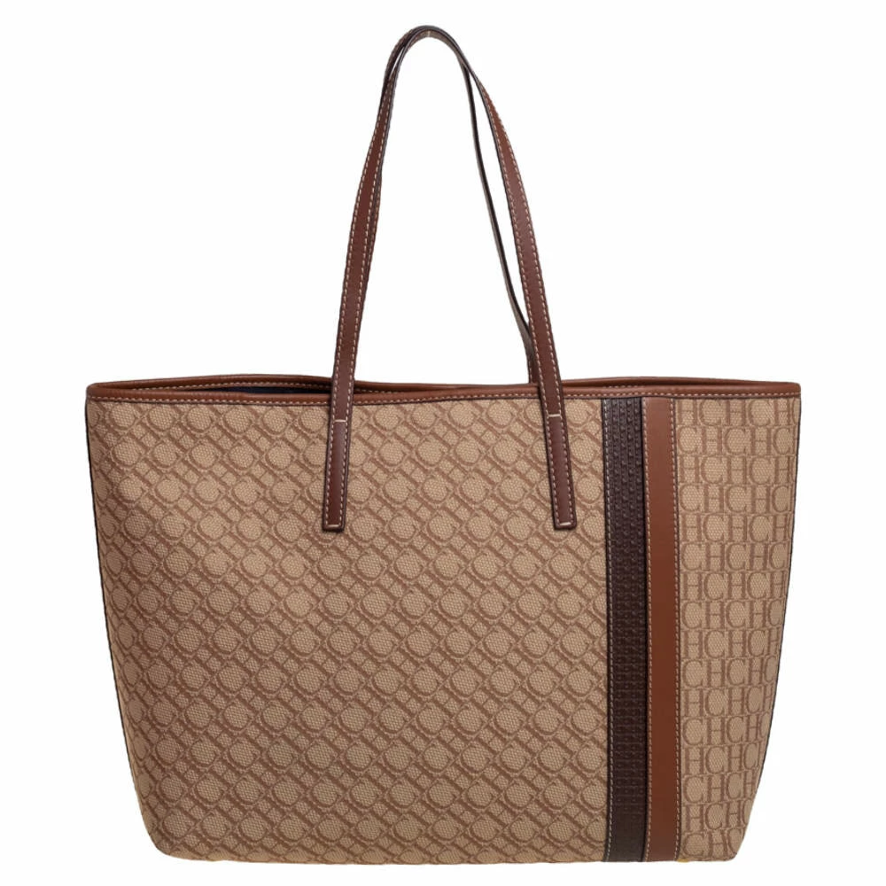 Carolina Herrera Beige/Brown Monogram Canvas and Leather Shopper Tote Women