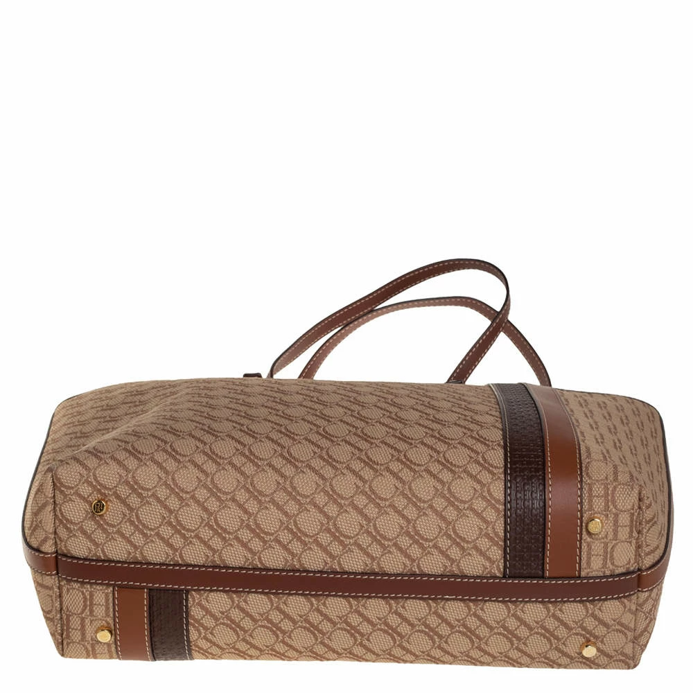 Carolina Herrera Beige/Brown Monogram Canvas and Leather Shopper Tote Women