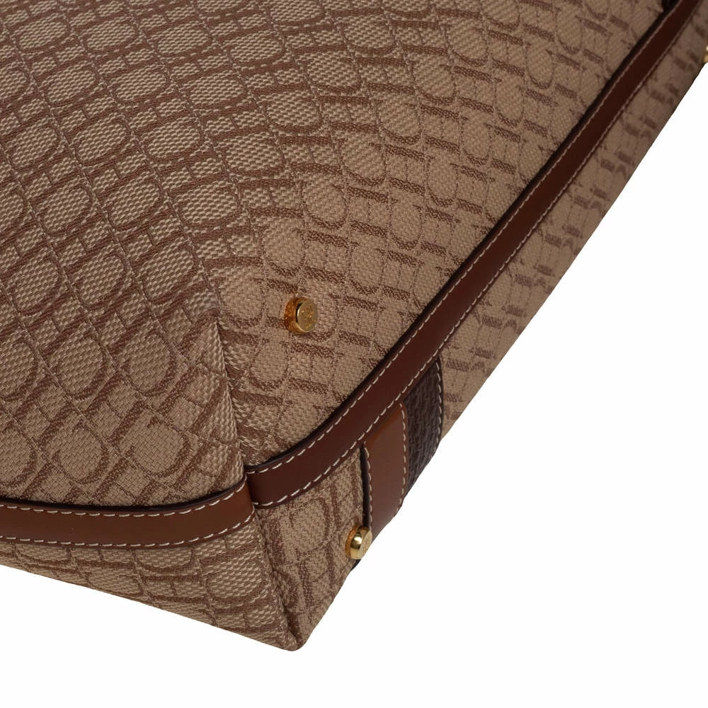 Carolina Herrera Beige/Brown Monogram Canvas and Leather Shopper Tote Women