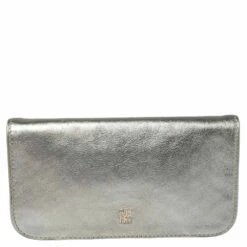 Carolina Herrera Metallic Silver Leather Flap Clutch Women