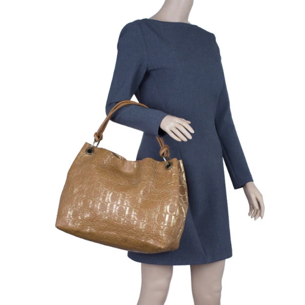 Carolina Herrera Brown Logo Leather Hobo Women