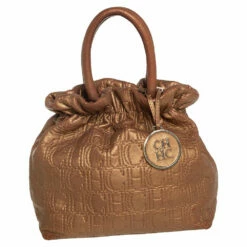 Carolina Herrera Metallic Gold Monogram Leather Bucket Bag Women