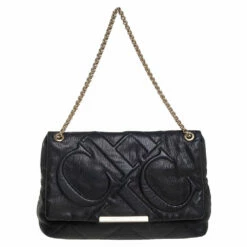 Carolina Herrera Black Embossed Leather Flap Chain Shoulder Bag Women