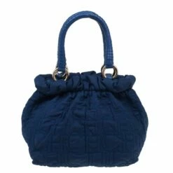 Carolina Herrera Blue Monogram Nylon Pleated Hobo Bag Women