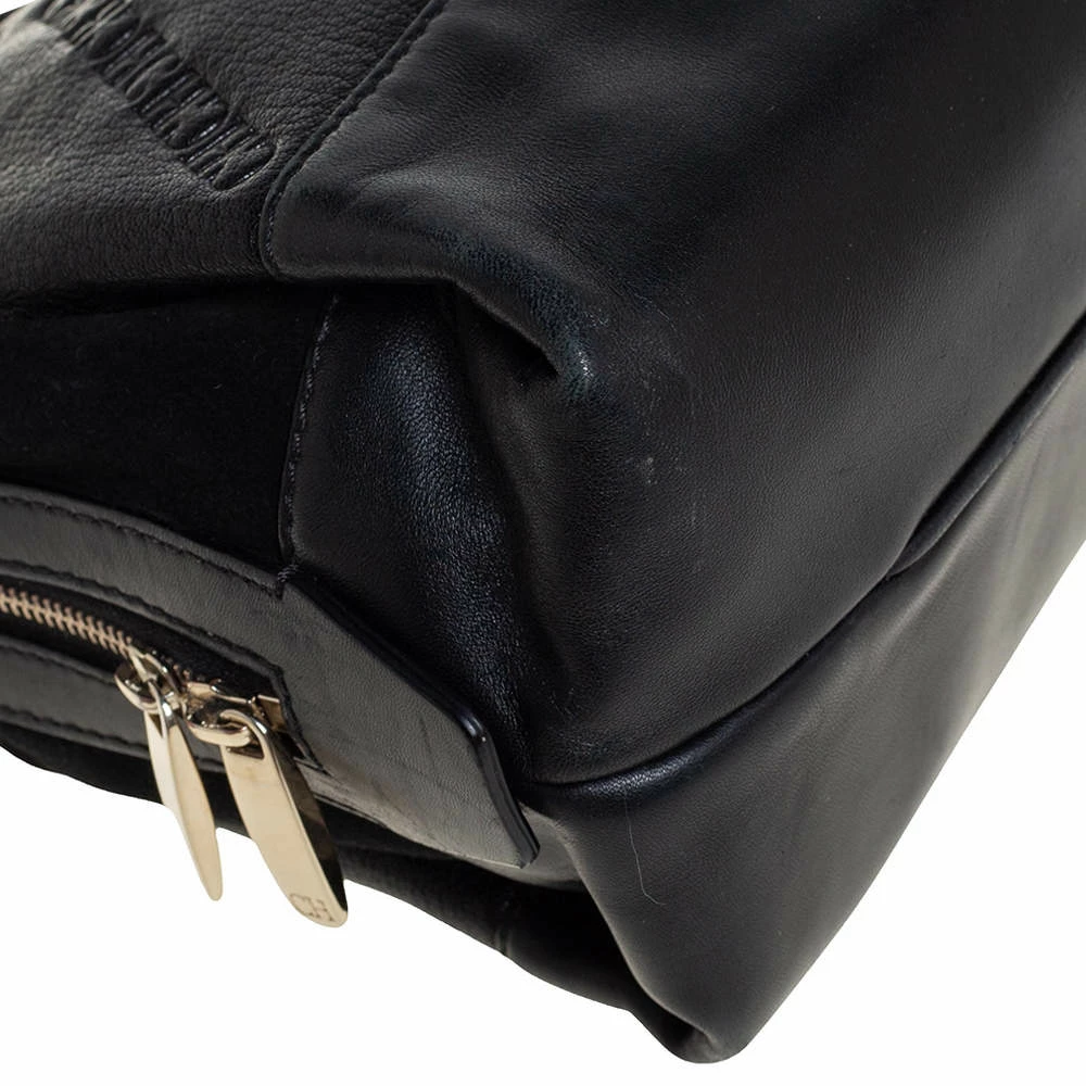 Carolina Herrera Black Leather and Suede Embossed Logo Shoulder Bag Women