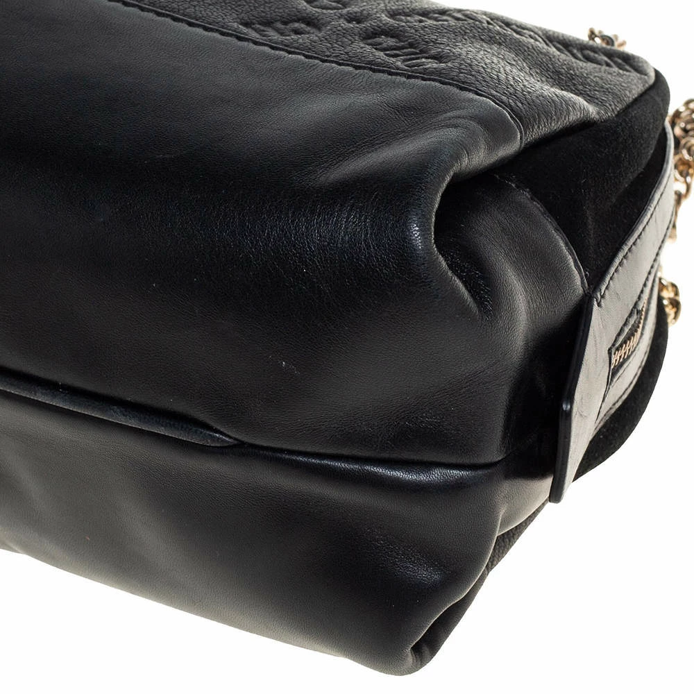 Carolina Herrera Black Leather and Suede Embossed Logo Shoulder Bag Women