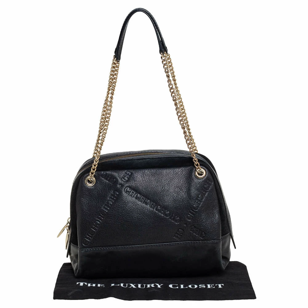 Carolina Herrera Black Leather and Suede Embossed Logo Shoulder Bag Women