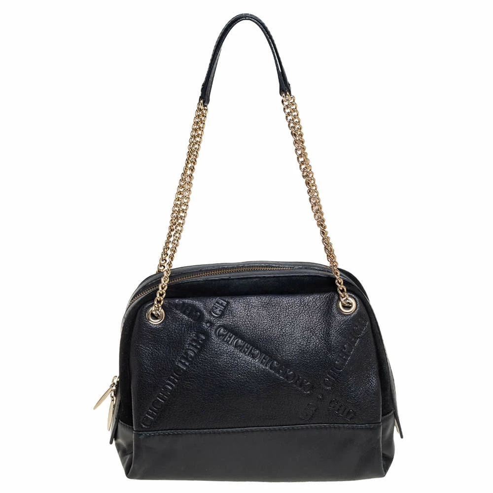 Carolina Herrera Black Leather and Suede Embossed Logo Shoulder Bag Women
