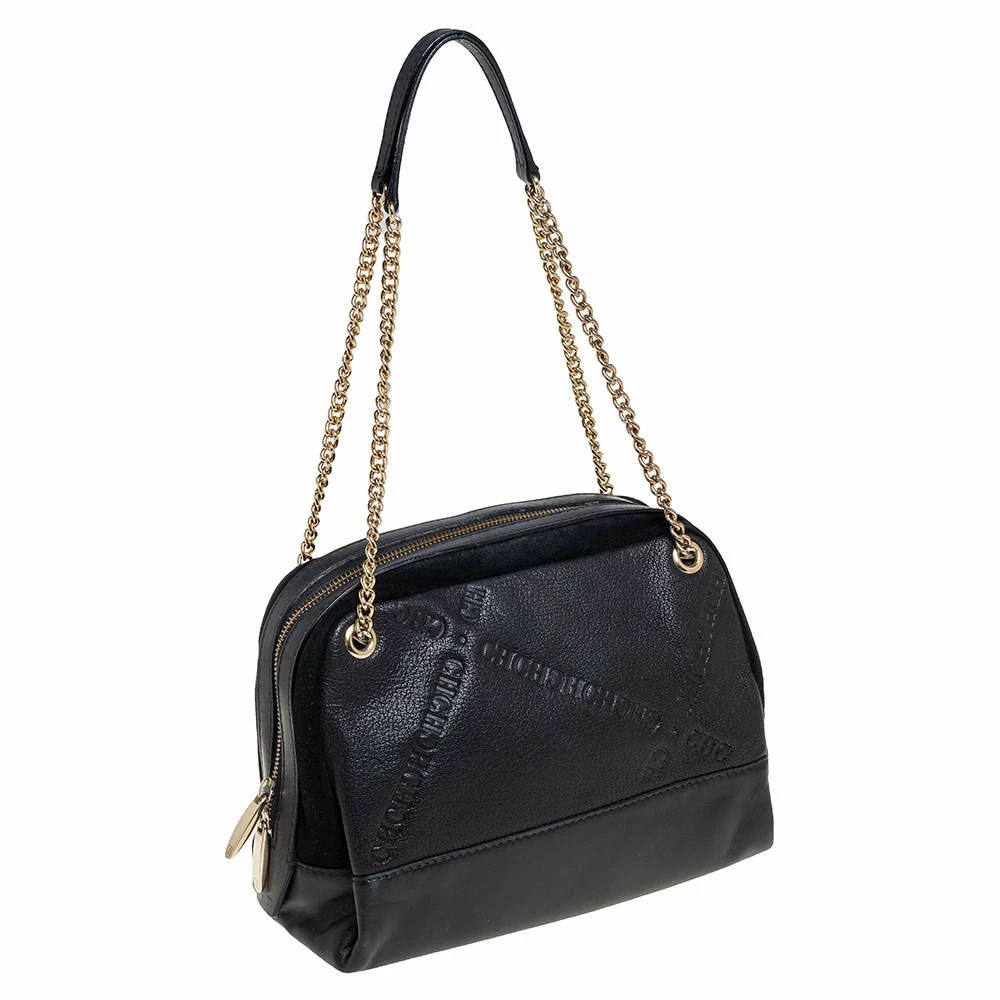 Carolina Herrera Black Leather and Suede Embossed Logo Shoulder Bag Women