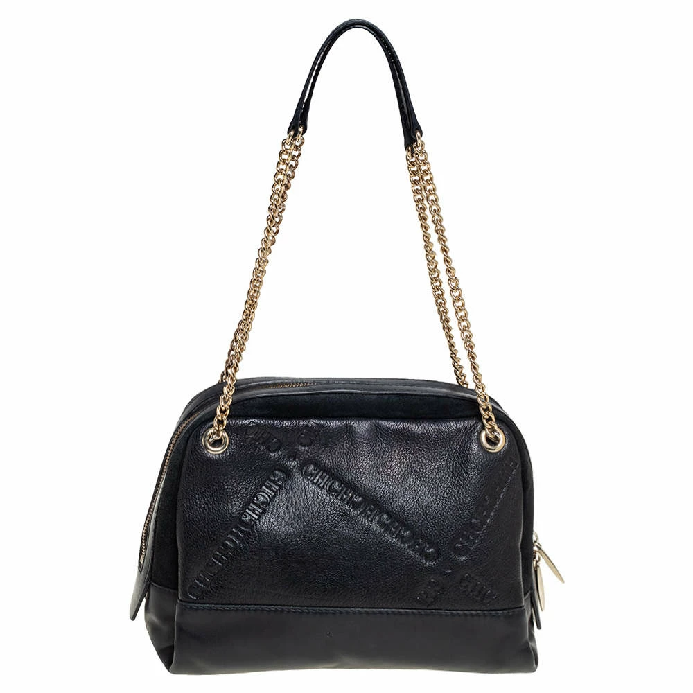 Carolina Herrera Black Leather and Suede Embossed Logo Shoulder Bag Women