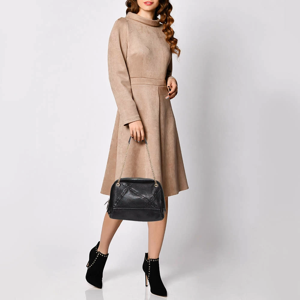 Carolina Herrera Black Leather and Suede Embossed Logo Shoulder Bag Women