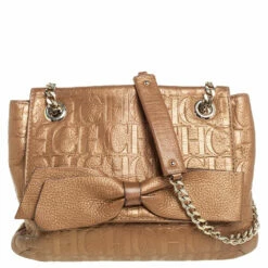 Carolina Herrera Metallic Beige Monogram Leather Audrey Shoulder Bag Women