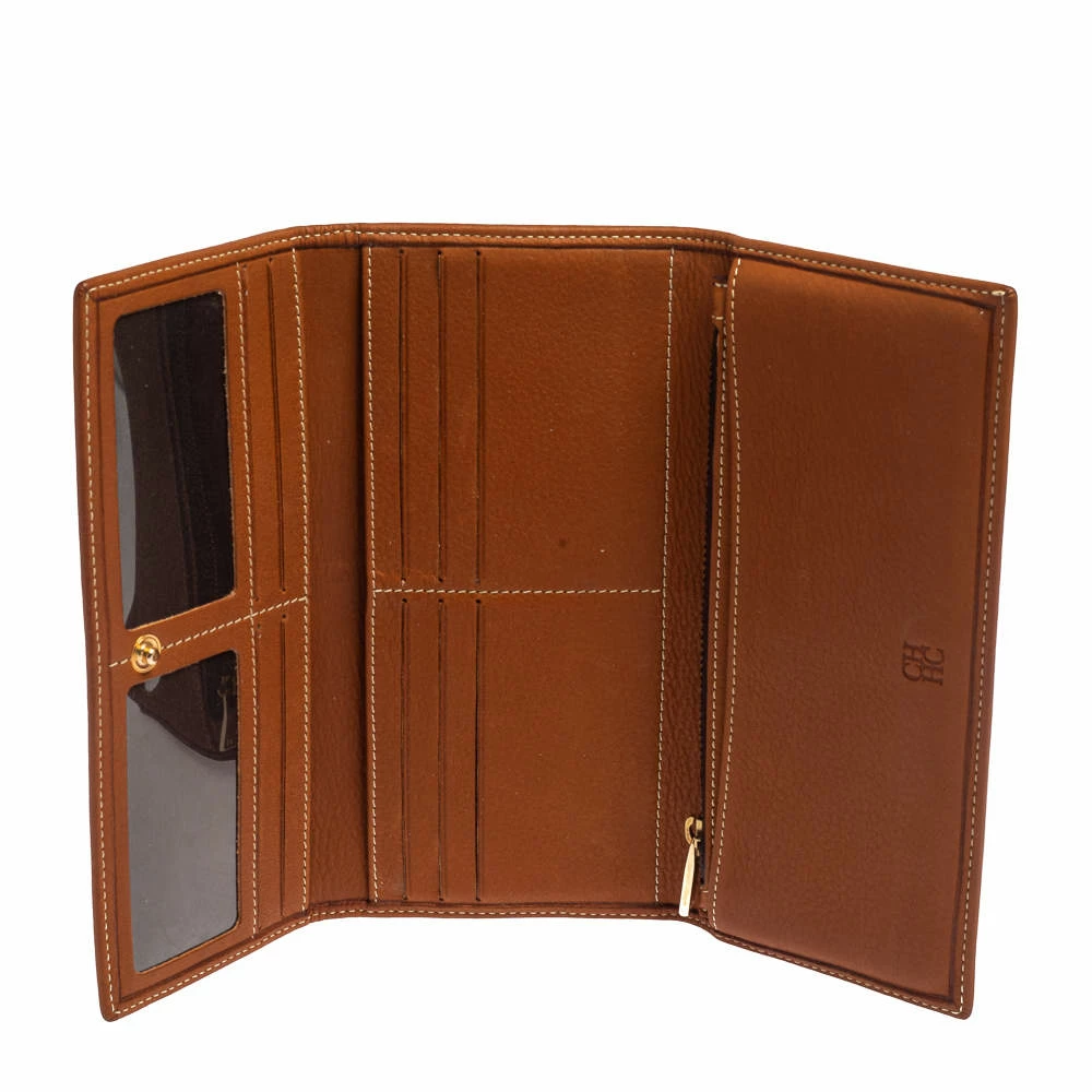 Carolina Herrera Brown Logo Leather Gigi Trifold Long Wallet Women