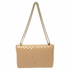 Carolina Herrera Beige Quilted Patent Leather Bimpa Flap Shoulder Bag Women