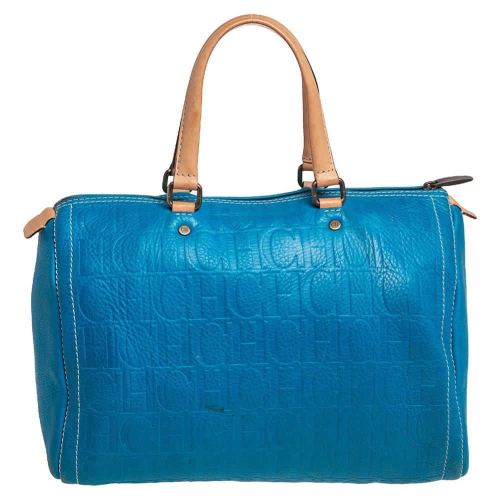 Carolina Herrera Turquoise Monogram Leather large Andy Boston Bag Women - Blue