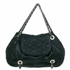 Carolina Herrera Black Monogram Nylon Drawstring Flap Bag Women