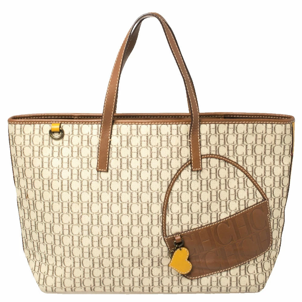 Carolina Herrera Beige/Brown Monogram Coated Canvas and Leather Charm Tote Women